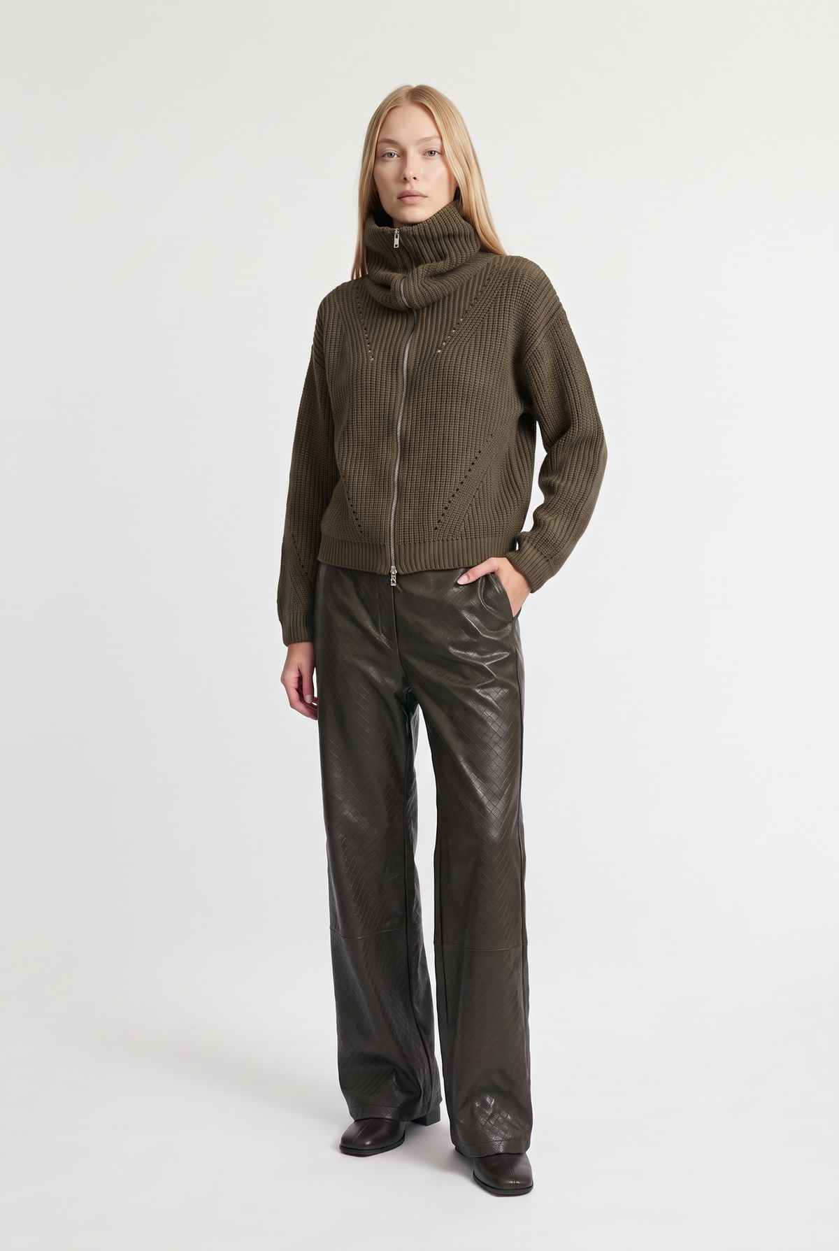 Zip-Up Funnel Neck Knit Sweater - Green - front view