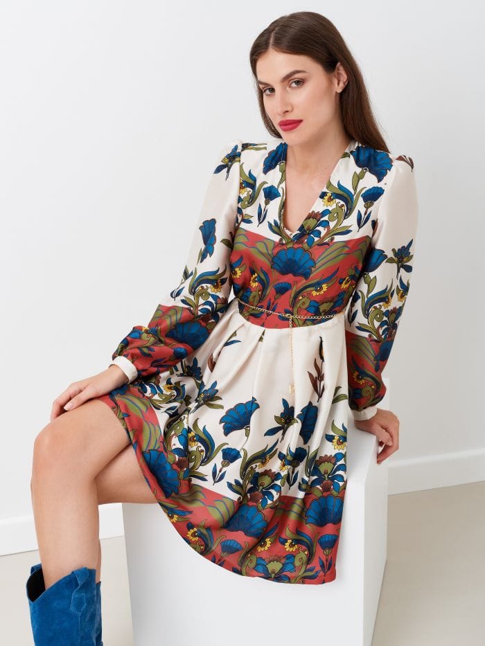 Robe évasée en satin imprimé ROBE BLEUE Maska
