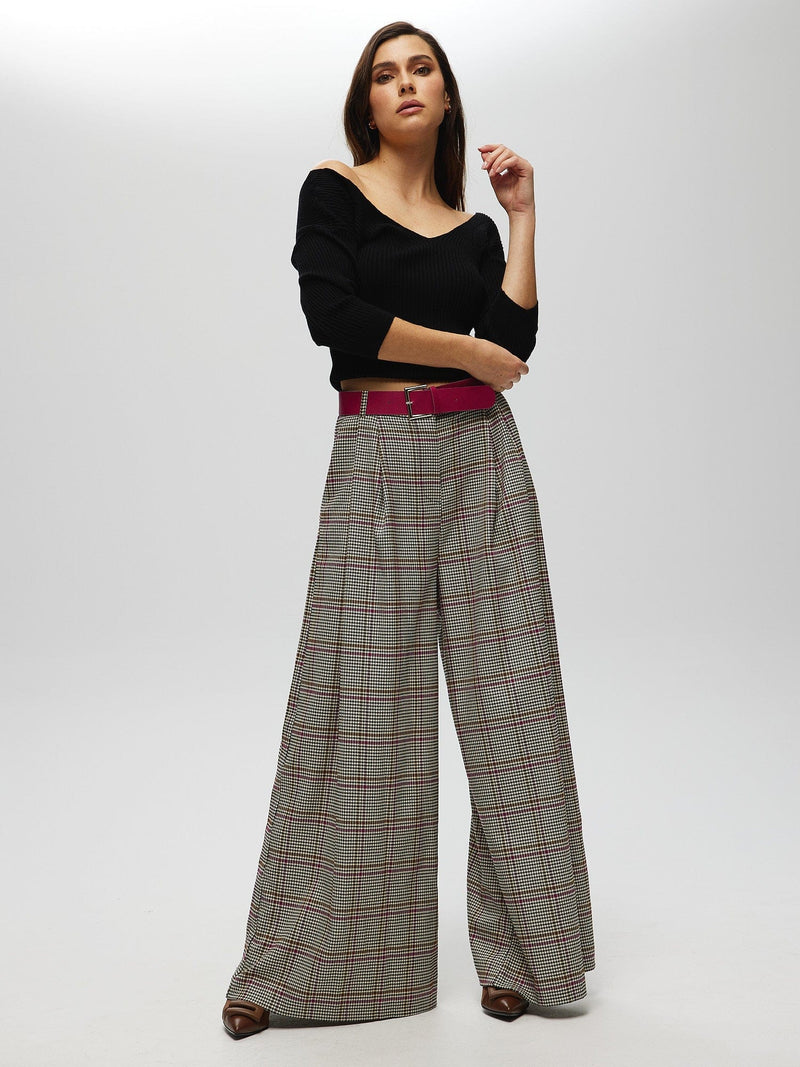 Houndstooth Belted Flared Trousers FUCHSIA PANTS Maska