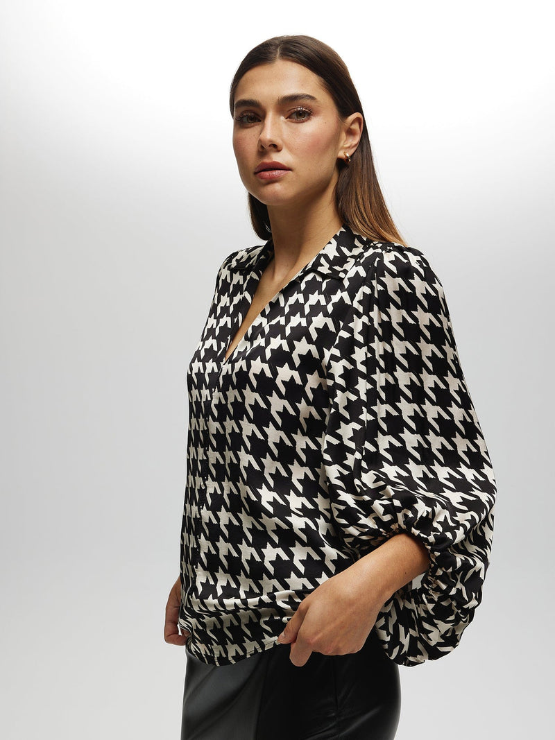 Oversized Houndstooth Print Blouse WHITE TOP Maska