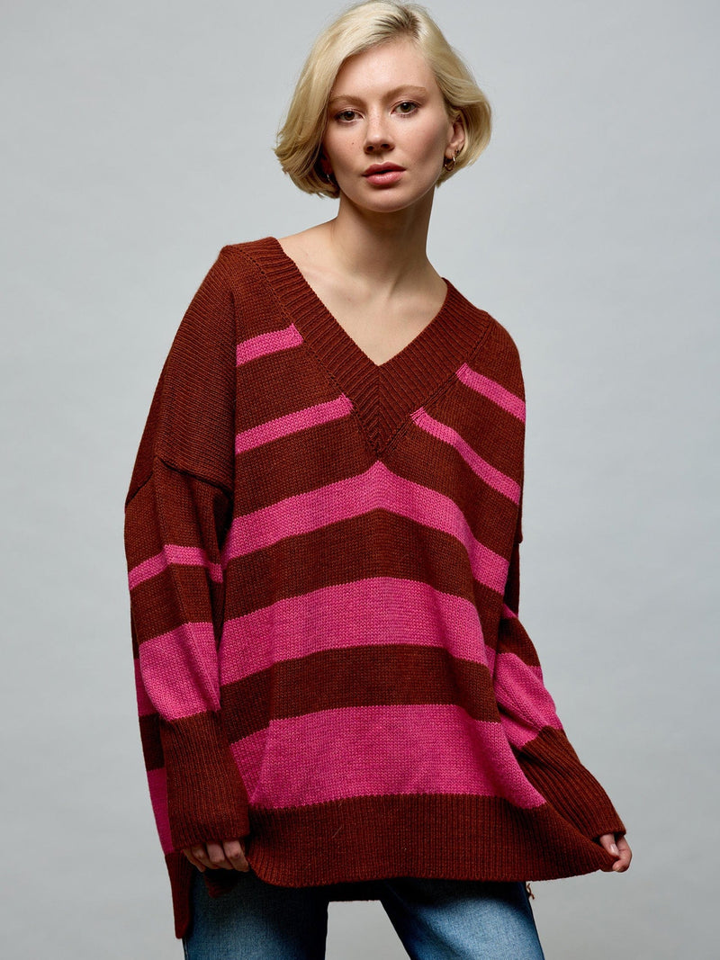 Oversized Striped V-neckline Sweater O/S BROWN SWEATER Maska