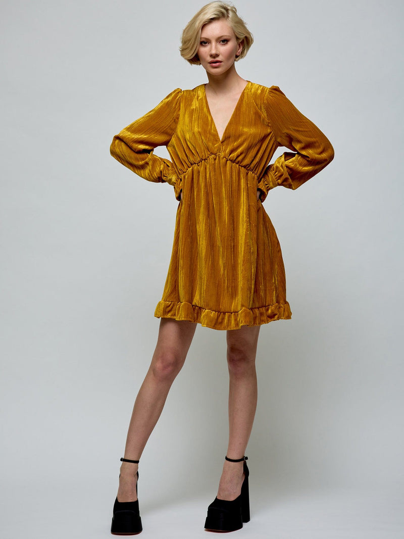 Ruffle Hem Velvet Dress YELLOW DRESS Maska