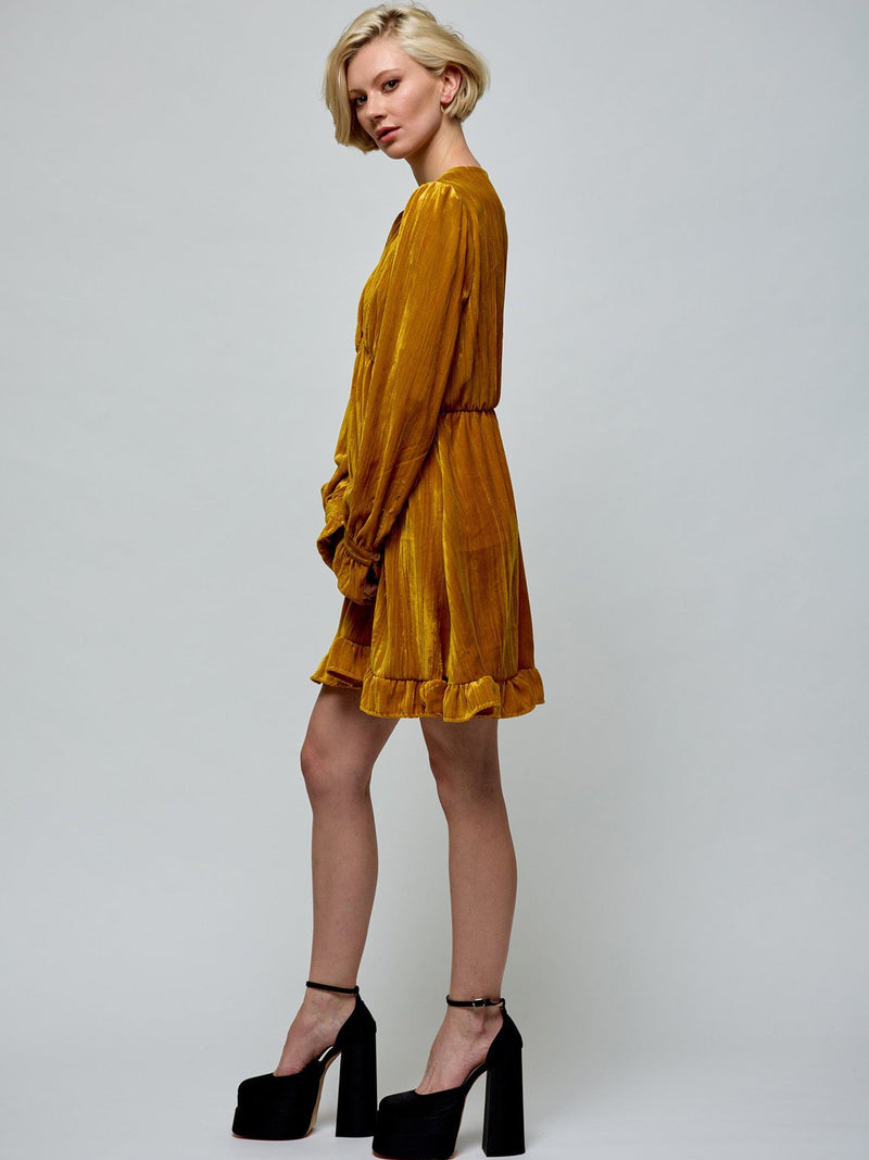 Ruffle Hem Velvet Dress YELLOW DRESS Maska